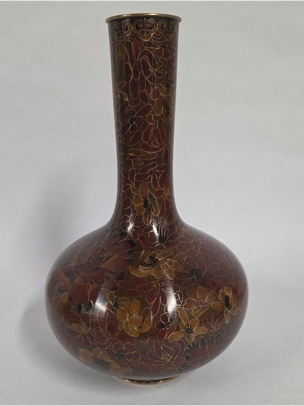 Vintage Chinese Cloisonne 12" Bottle Vase Zi Jin Cheng Label Mille Fleur Brass